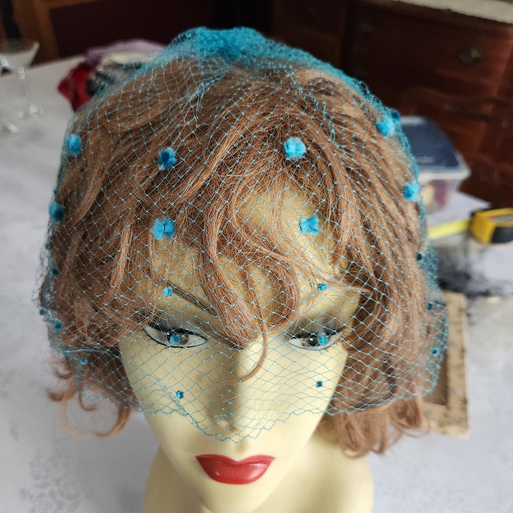 MCM Fascinator Mesh Net Veil Hat Set 1950s-60s Black Turquoise Ivory Beaded Vtg